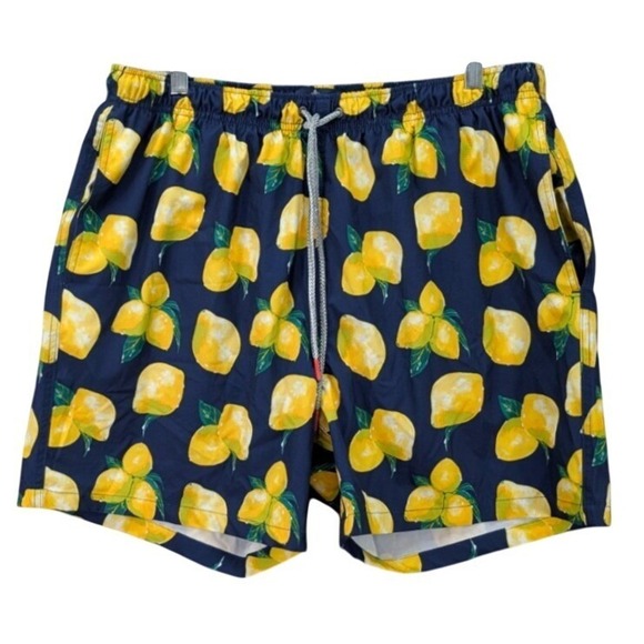 Rainforest Swim Trunks Mens XL Navy Blue Lemon Print Beachwear Resort Drawstring - Picture 1 of 10